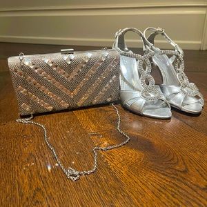 Set of matching silver Aldo heels and Le Chateau clutch